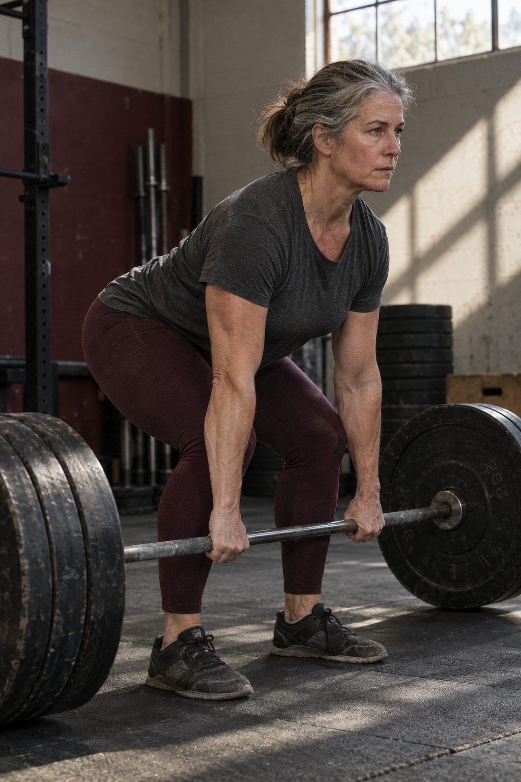 Woman in her early fifties mid-deadlift with a loaded barbell on a real gym floor, hard morning light through a high window