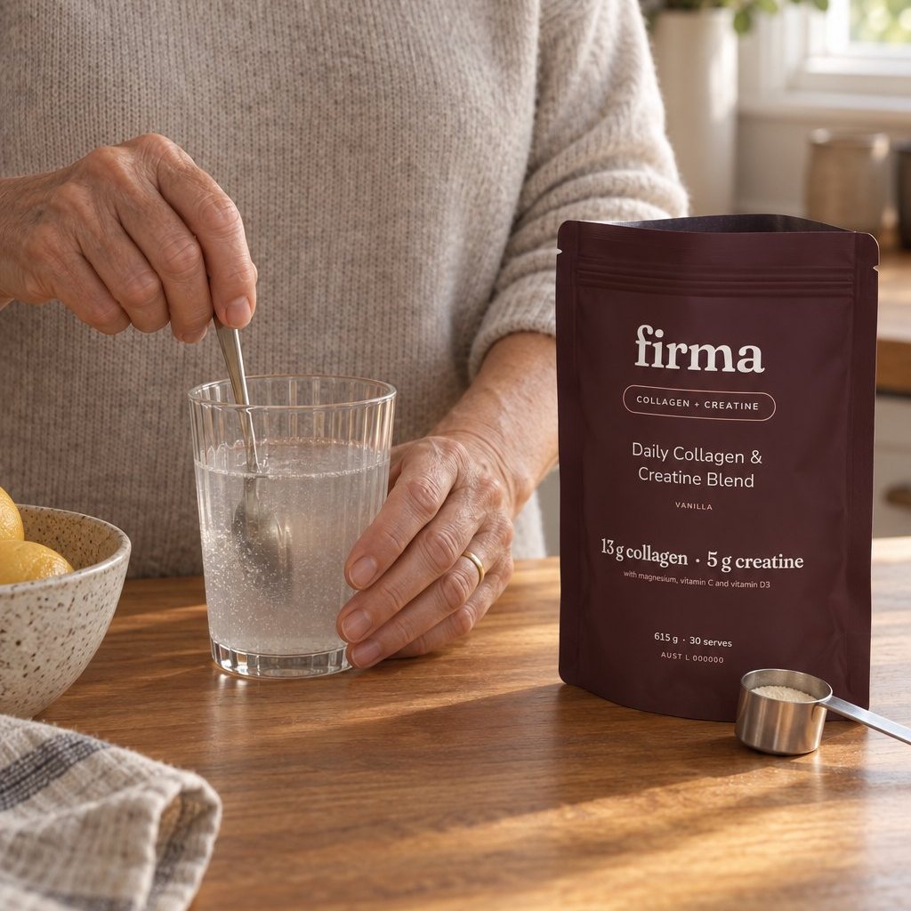 Hands of a woman in her late sixties stirring a glass at a kitchen bench beside the firma pouch