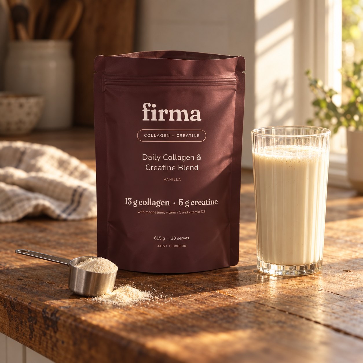 Oxblood firma collagen and creatine pouch standing open on a worn timber kitchen bench beside a glass of vanilla drink and a steel scoop in late-afternoon light